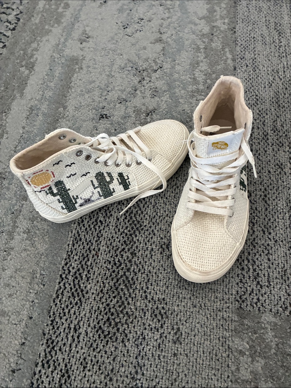 Vans Cream High-Top Sneakers with Green Cactus Embroidery